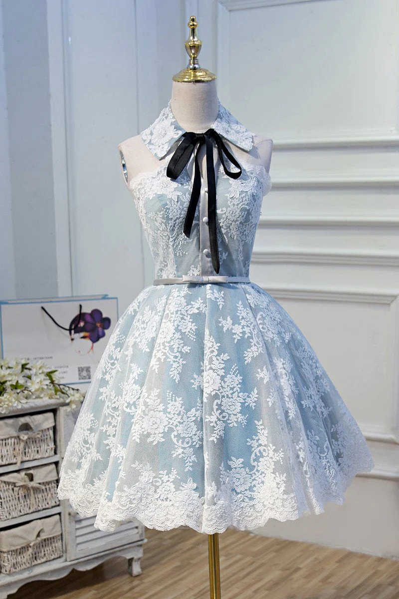 Collar Neck Light Blue Lace Homecoming Dresses  cg9047