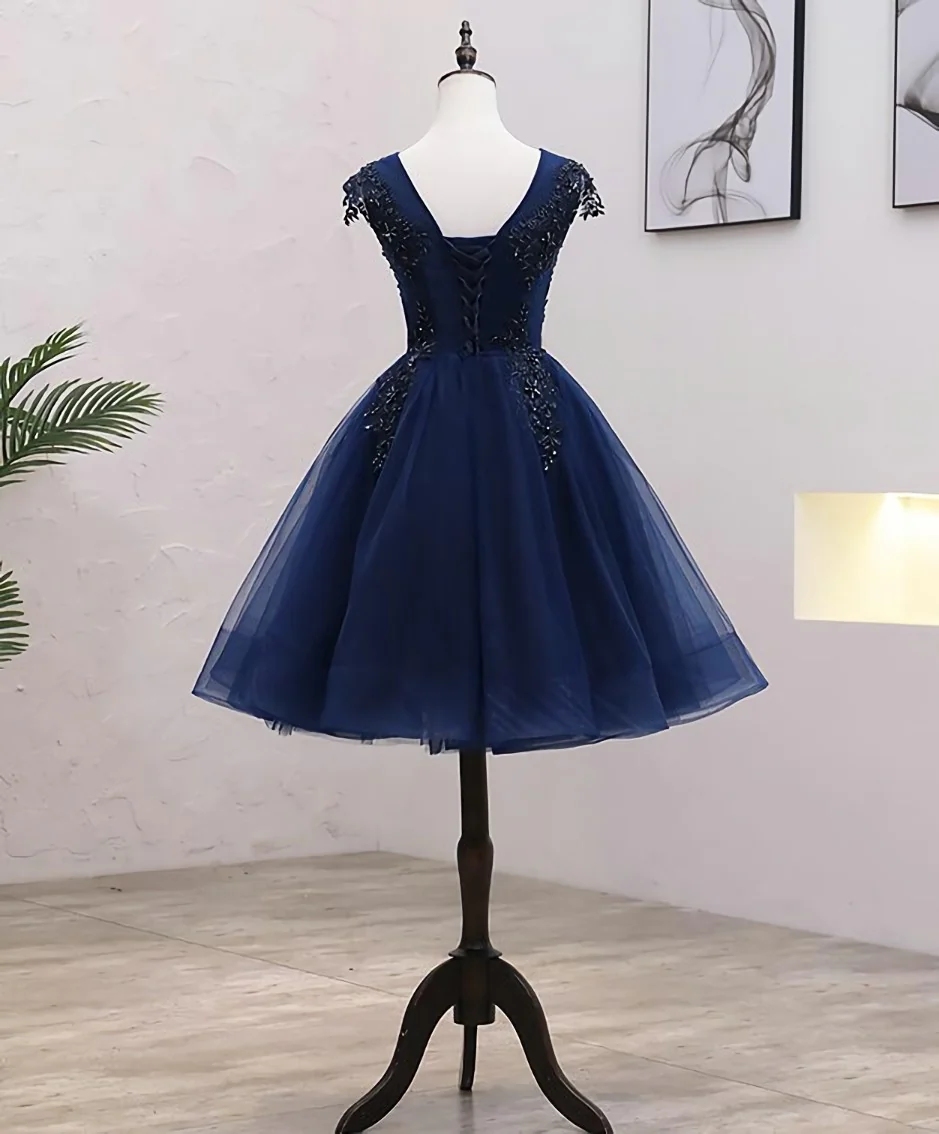 Navy Blue Tulle Beaded Knee Length Cap Sleeves Prom Dress, Blue Homecoming Dress      cg25019