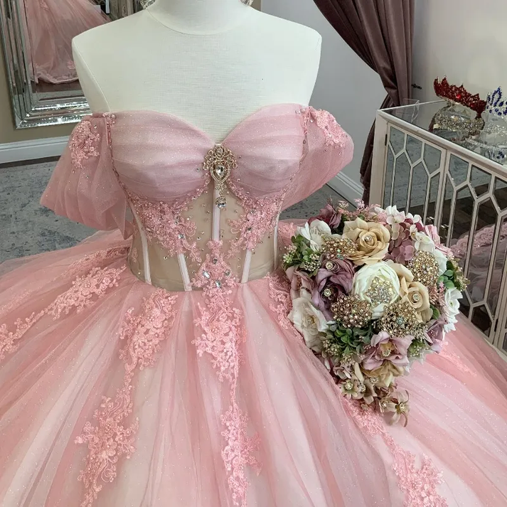 Glitter Pink Off The Shoulder Prom Dress Tulle Appliques Ball Gown Quinceanera Dress Y7569 main image 0