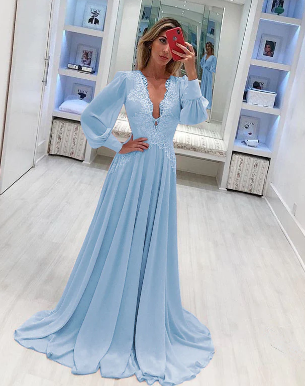 knee length dresses for ladies Blue Chiffon Prom Dress , Long Sleeves Prom Dress cg15525 – classygown