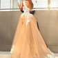 A-Line/Princess Sleeveless V-neck Sweep/Brush Train Lace Organza prom Dresses   cg6738