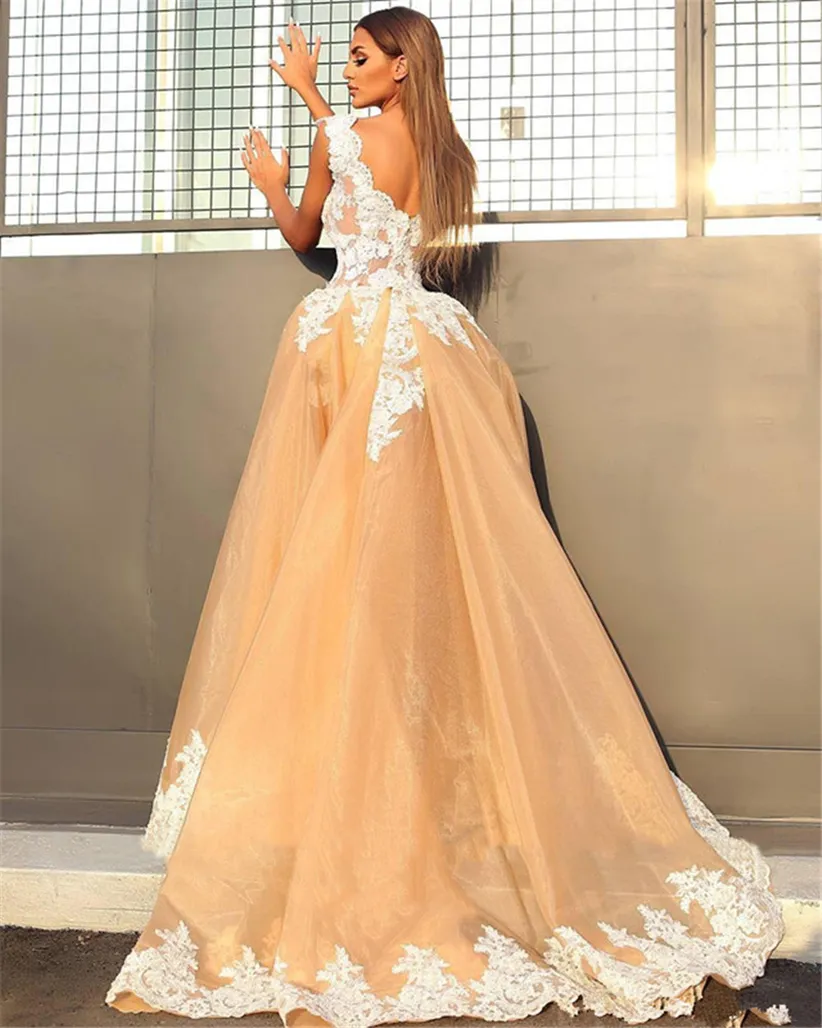 A-Line/Princess Sleeveless V-neck Sweep/Brush Train Lace Organza prom Dresses   cg6738