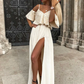 Fancy Spaghetti Straps Cold Shoulder Split Prom Dress Ruffles  cg5624