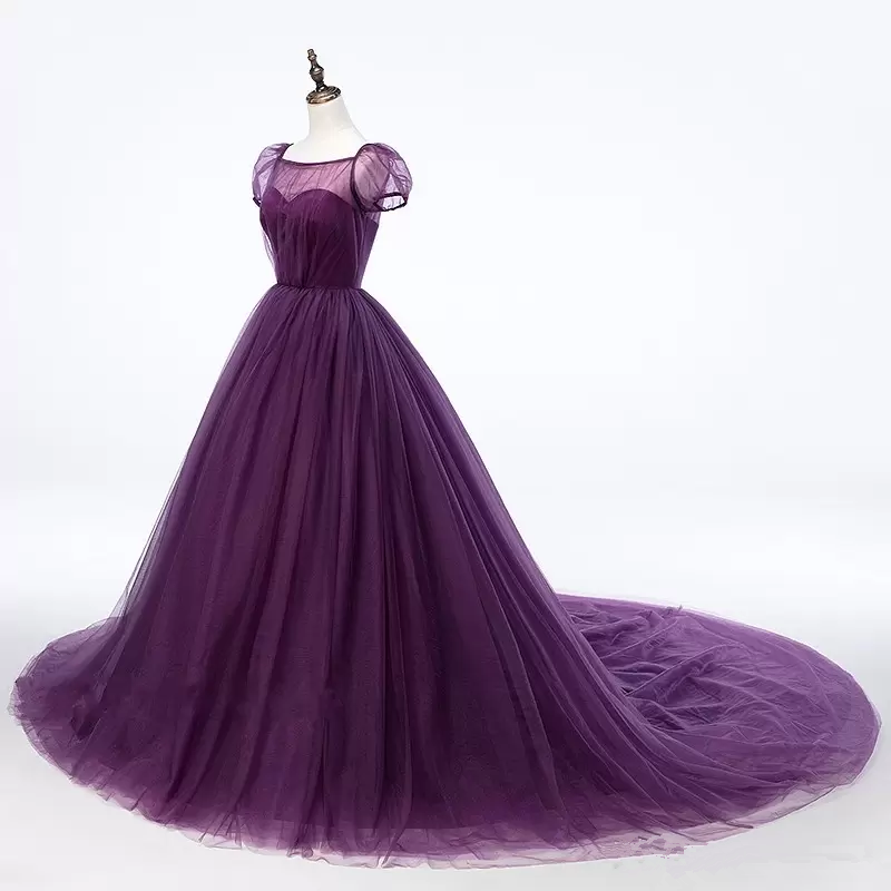 Purple Ball Gown Tulle Short Sleeve Backless Train Prom Dress   cg10707