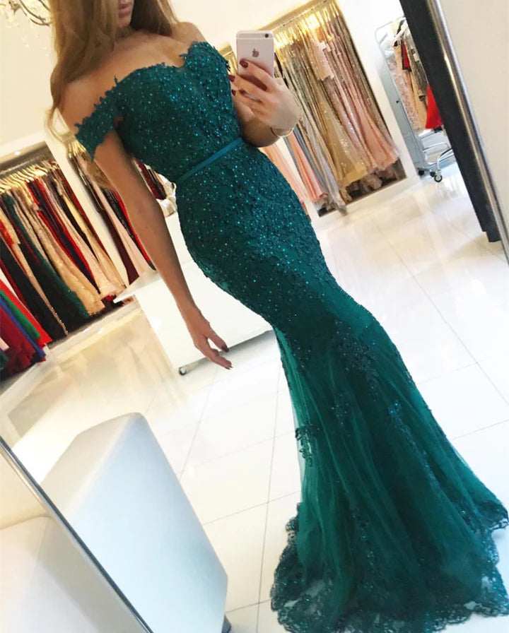Purple lace mermaid evening dress off the shouler prom gowns with pearl beaded   cg14038
