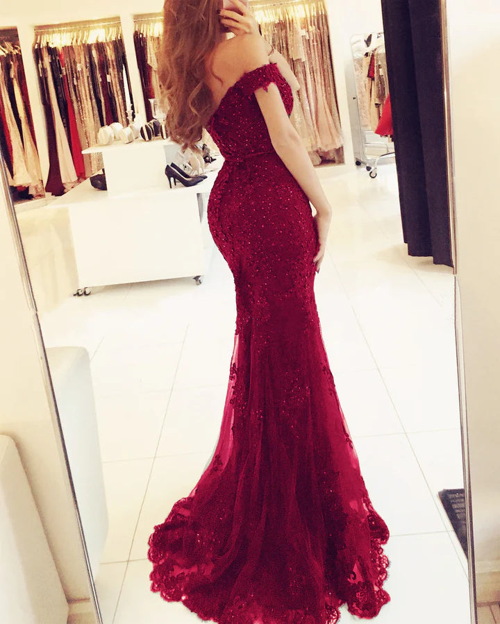 Purple lace mermaid evening dress off the shouler prom gowns with pearl beaded   cg14038