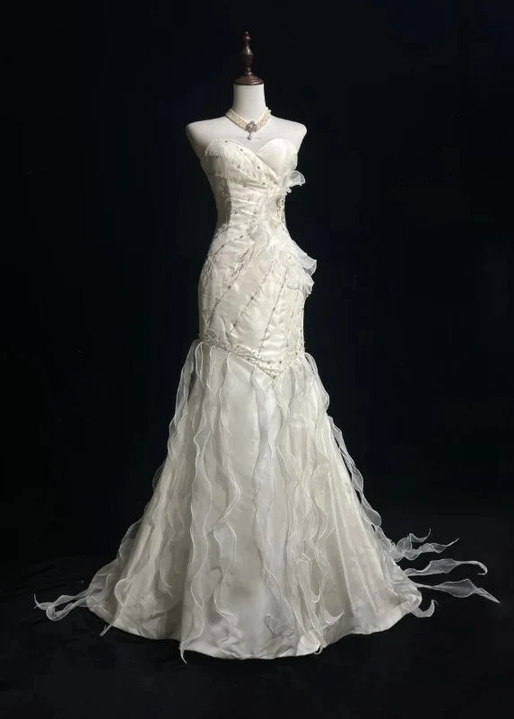 Mermaid Satin Chiffon Ruffle Beaded Long Prom Dress,Wedding Dress,Evening Dress  cg26182