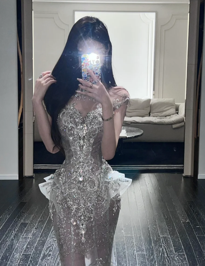 Silver Mermaid Sequins Prom Party Dress Shiny Sexy Birthday Dress cg26374