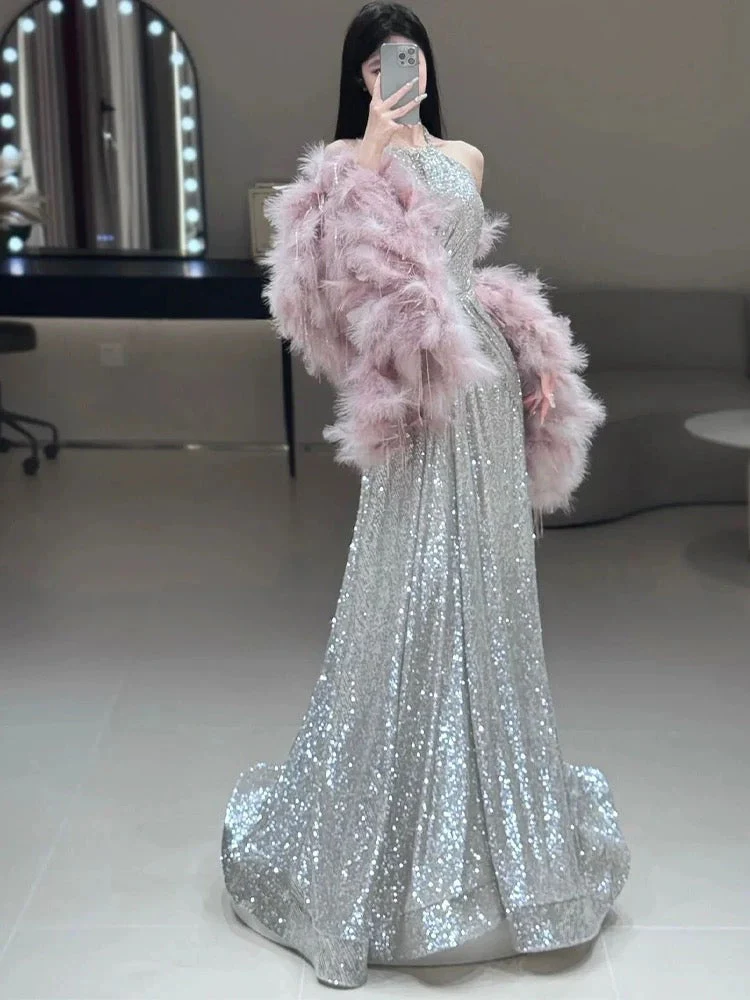 A Line High Neckline Silver Sequin Long Evening Dress Prom Dresses Birthday Outfits  cg26198