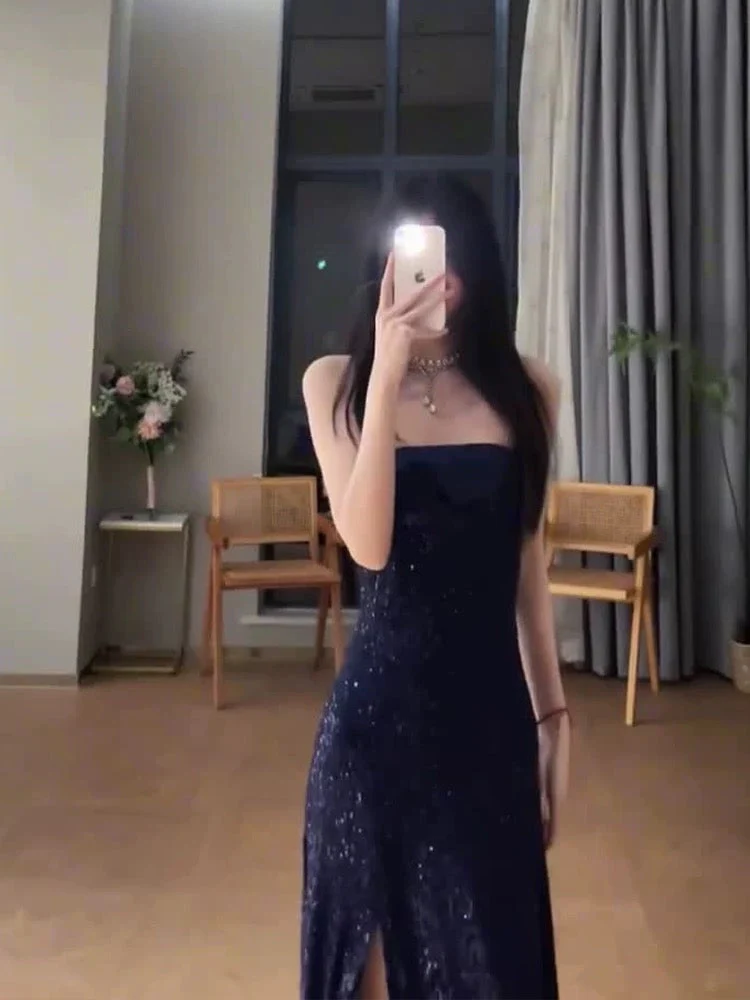 Sheath Spaghetti Straps Navy Blue Sequin Evening Dress Prom Dresses Birthday Outfits cg26203