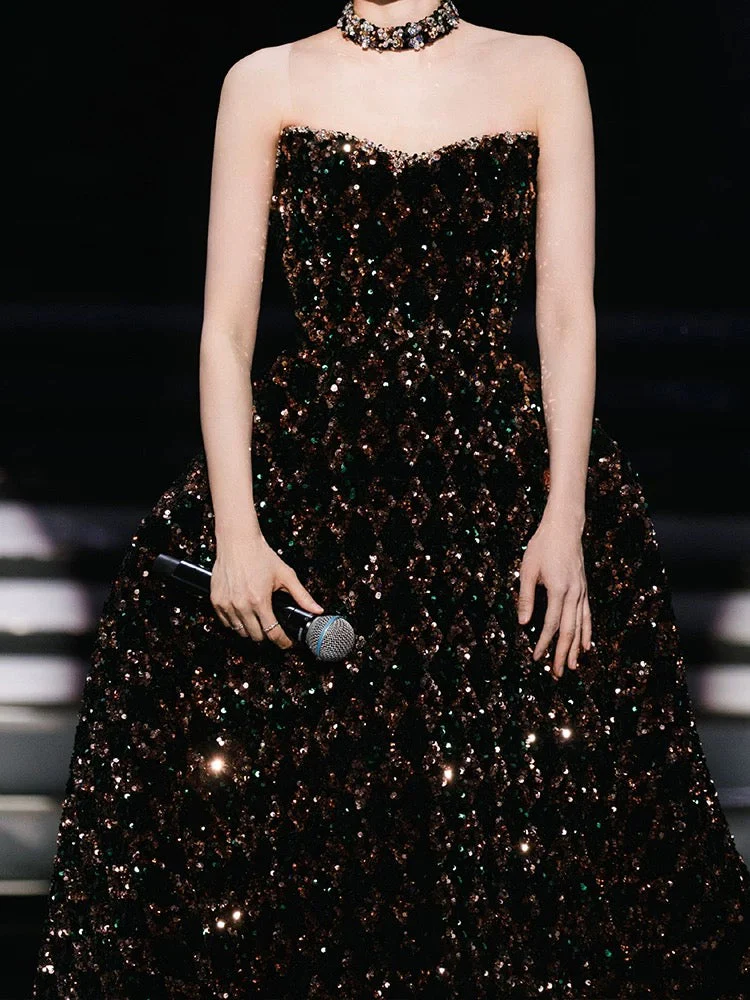 Ball Gown Sweetheart Black Sequin Long Evening Dress Prom Dresses Birthday Outfits  cg26200