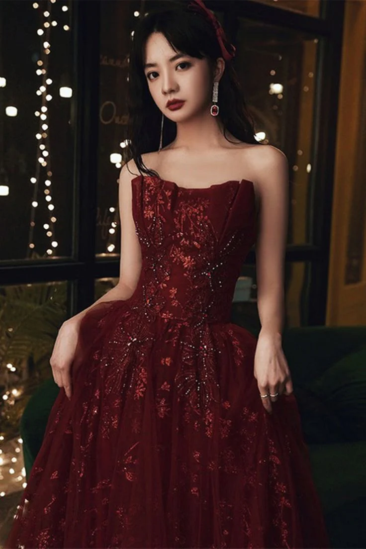 Tulle Long  Prom Dresses  Wine Red Tulle  Formal Evening Dress cg26233