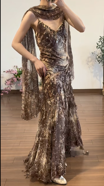 Brown Chiffon Prom Party Dress Vintage Evening Gowns cg26365