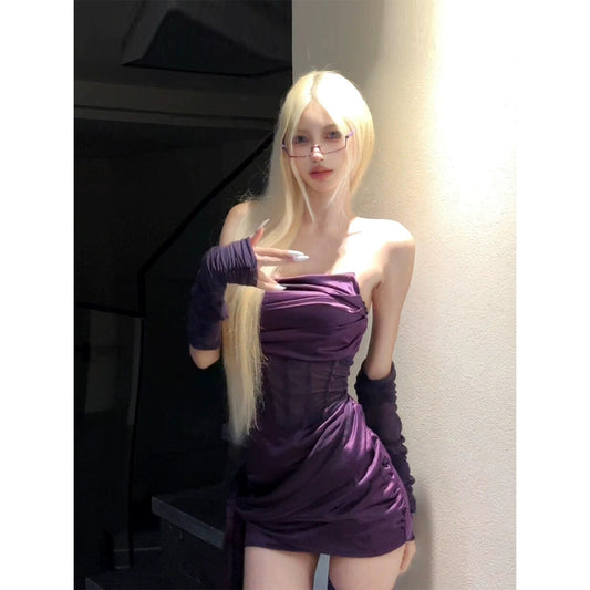 Purple mesh patchwork strapless dress, women's bodycon mini skirt G014