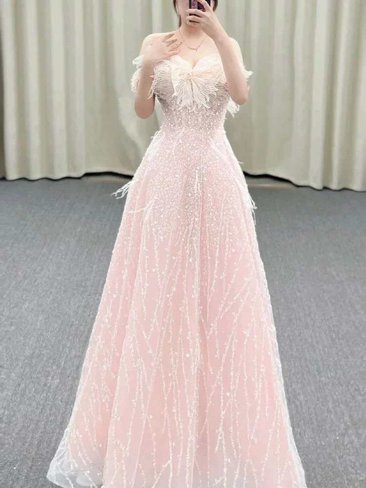 A Line Off The Shoulder Sequin Pink Long Evening Dress Prom Dresses Birthday Outfits   cg26195