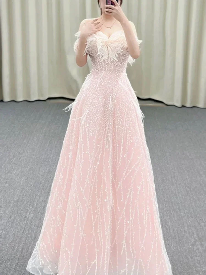 A Line Off The Shoulder Sequin Pink Long Evening Dress Prom Dresses Birthday Outfits   cg26195