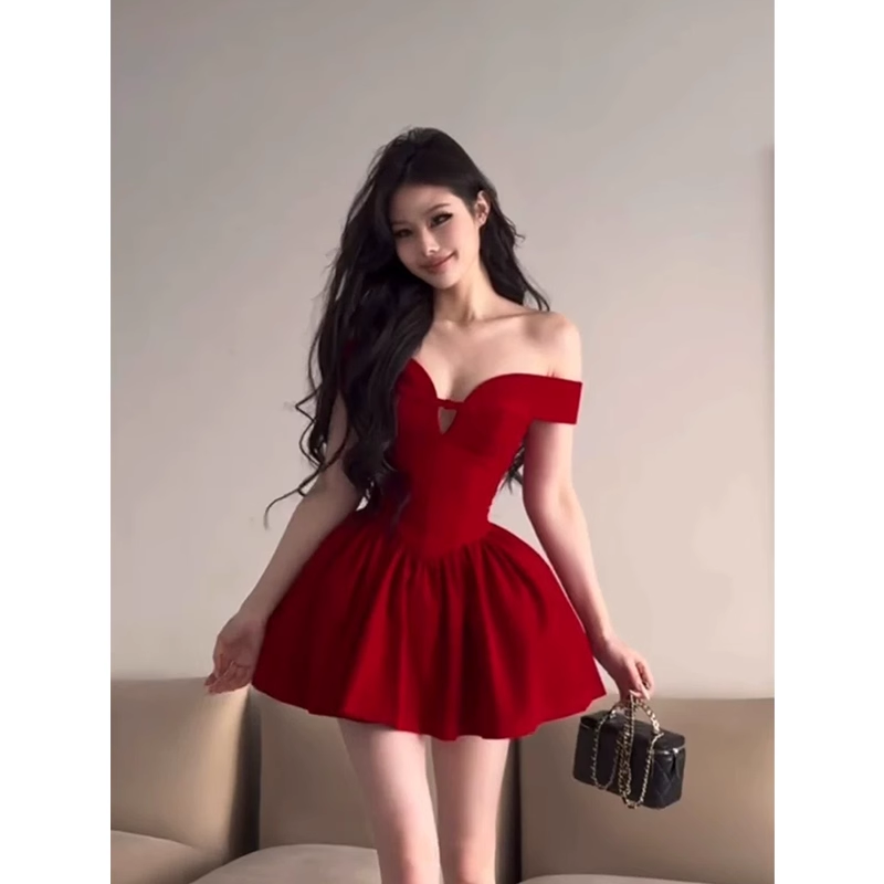 Off-the-shoulder fitted waist dress for women, puffy short skirt G096