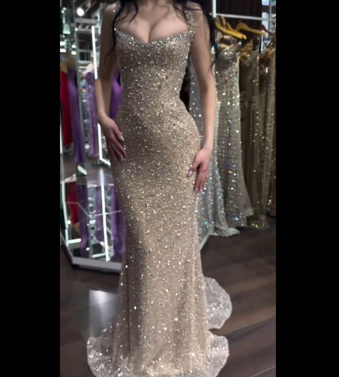 Sparkly Mermaid Square Neck Sequin Champagne Prom Dresses Party Dress 18th Birthday Outfits cg26175