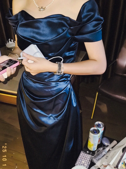 Off The Shoulder Navy Blue Satin Prom Party Dress Classy Evening Dress cg26373