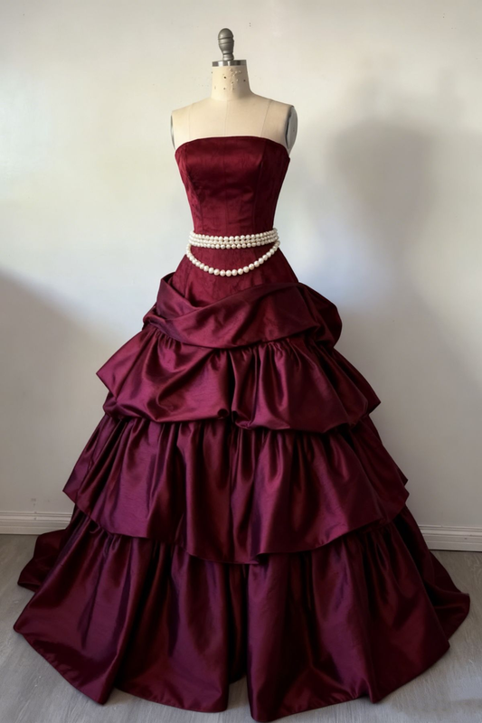 Burgundy Satin Strapless Sleevelessprom Dress Vintage Formal Gown cg26295