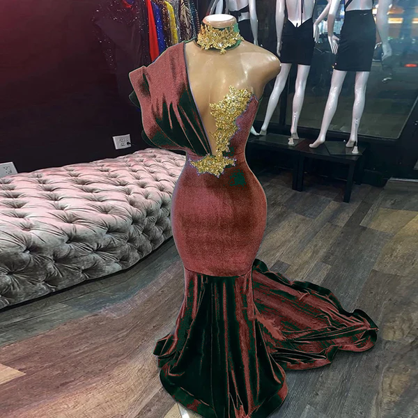 Smaragdgrüne Abendkleider High Neck Appliques Gold Spitze Meerjungfrau Ballkleider Sexy Formale Samt Partykleider cg19494