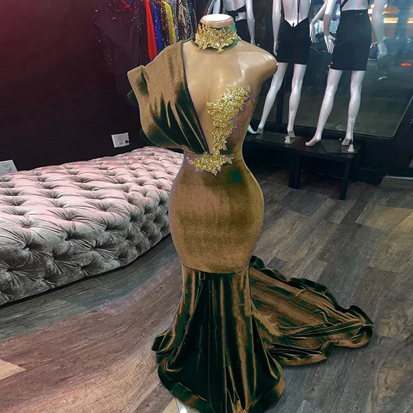 Emerald Green Evening Dresses High Neck Appliques Gold Lace Mermaid Pr – classygown