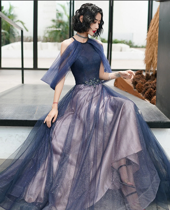 BLUE TULLE LONG PROM DRESS BLUE TULLE FORMAL DRESS     cg20834