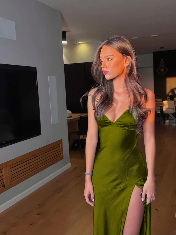 Spaghetti Straps Green Sexy Prom Dress Long Evening Dresses With Split    cg25333