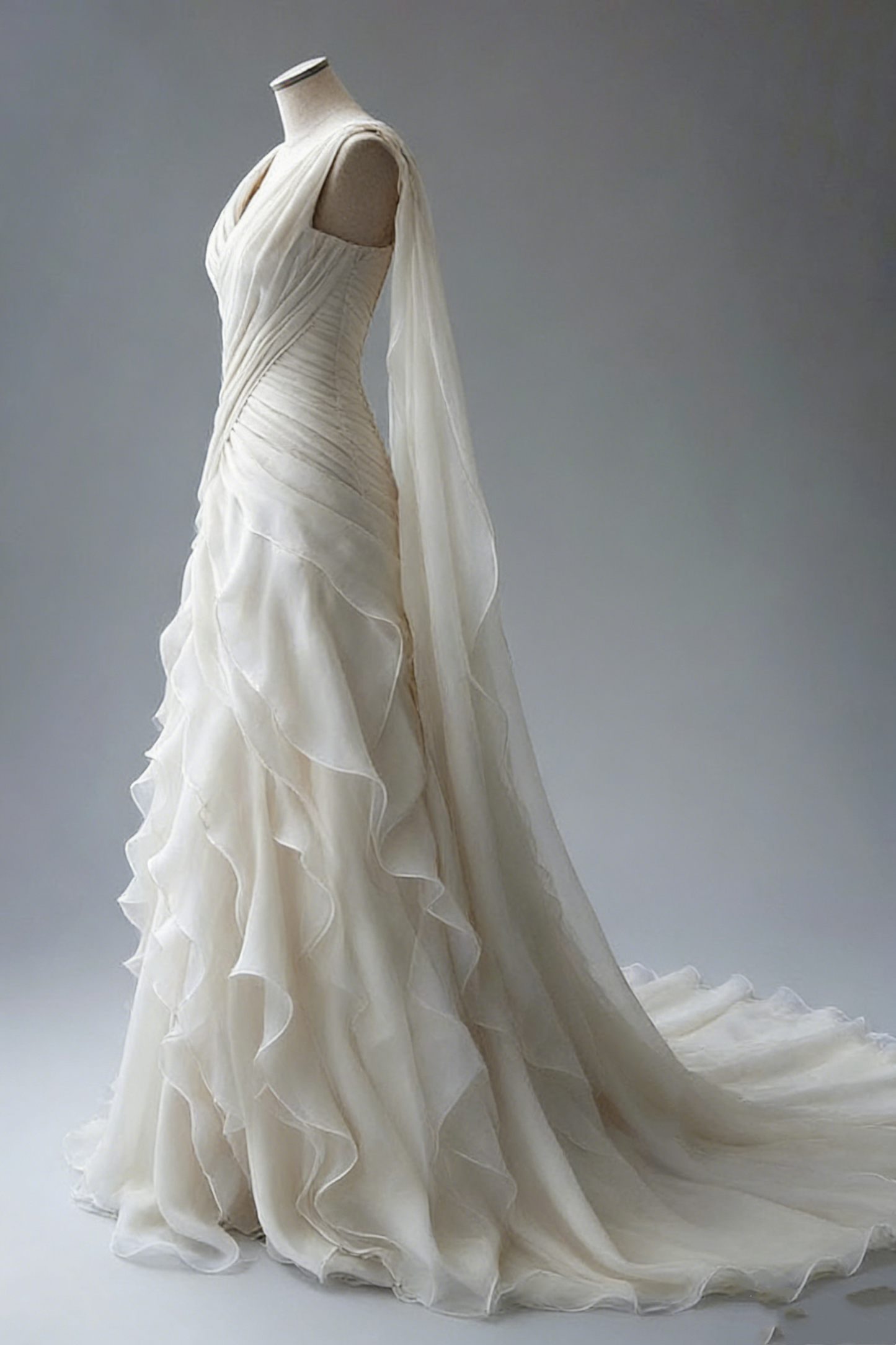 Elegant V Neck Ivory A-Line Layers Vintage Wedding Dress    cg25395