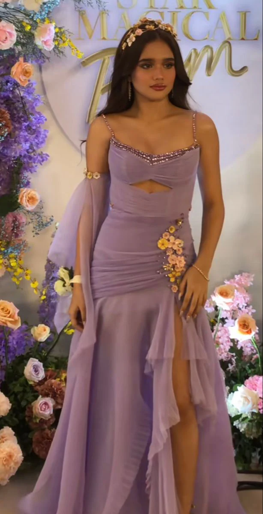 Fairy Lilac Chiffon Mermaid Prom Dress With Slit  cg26082