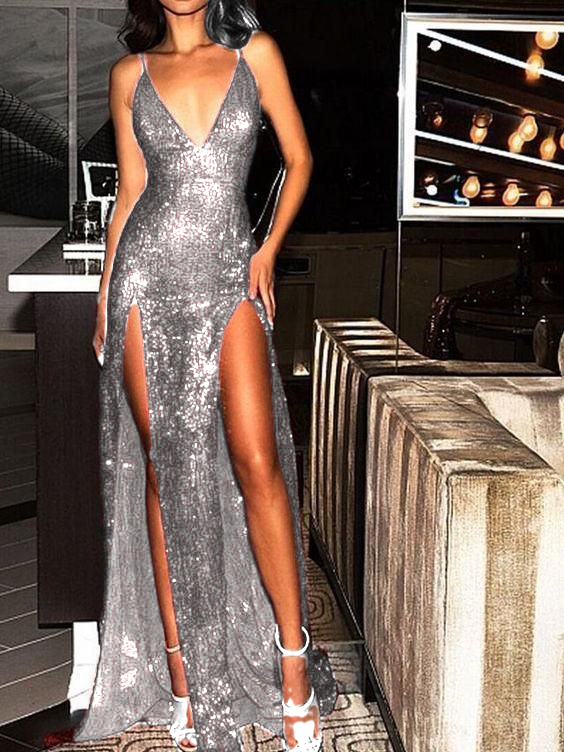 Sparkly Prom Dresses Burgundy V-neck Long Prom Dress with Slit Sexy Evening Dress cg493