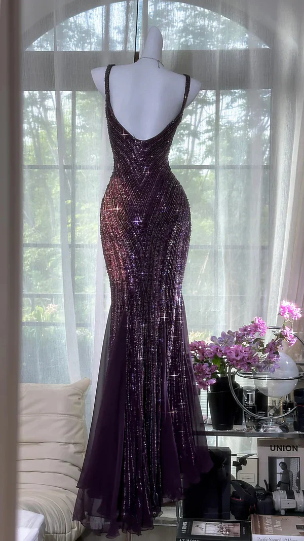 Exquisite Beaded Sequin Mermaid V Neck Chiffon Prom Dress Evening Dress Formal Dress  cg26216