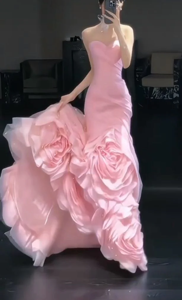 Mermaid Pink Strapless Satin Tulle Long Prom Dress, Evening Dress cg26184