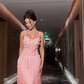 A Line Spaghetti Straps Pink Satin Sequin Tassel Long Prom Dress, Evening Dress cg26187