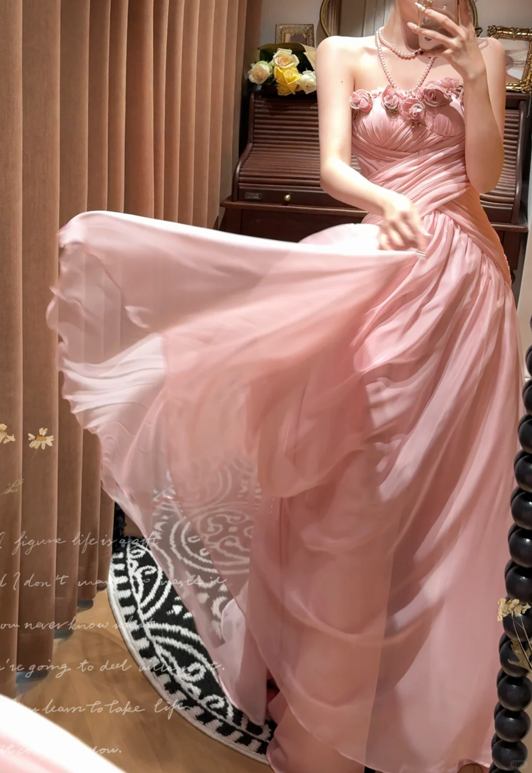 Pink Chiffon Prom Party Dress With 3d Flowers Sweet Evening Dress cg26321