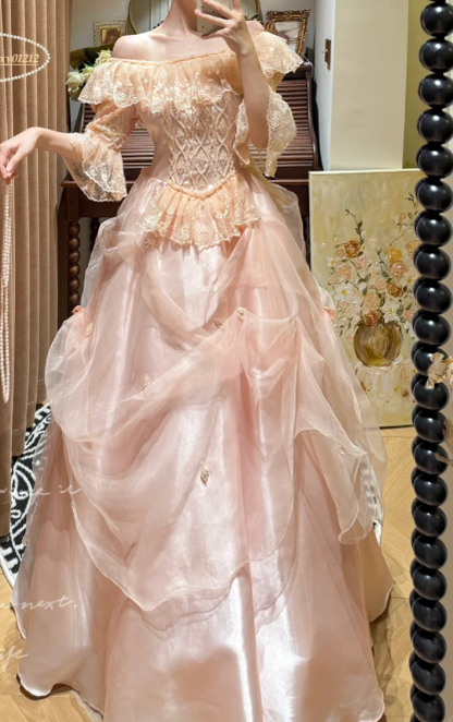 Off The Shoulder Pink Satin Prom Party Dress Vintage Birthday Dress cg26317