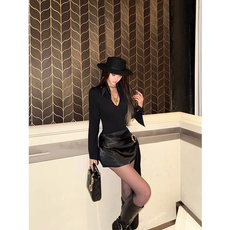 Sexy deep V long-sleeved jumpsuit and skirt set  G138