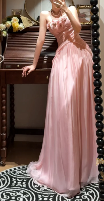 Pink Chiffon Prom Party Dress With 3d Flowers Sweet Evening Dress cg26321