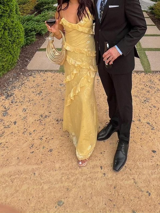 Yellow Ruffle Long Prom Dresses Party Dress Birthday Outfits Graduation Dress cg26098