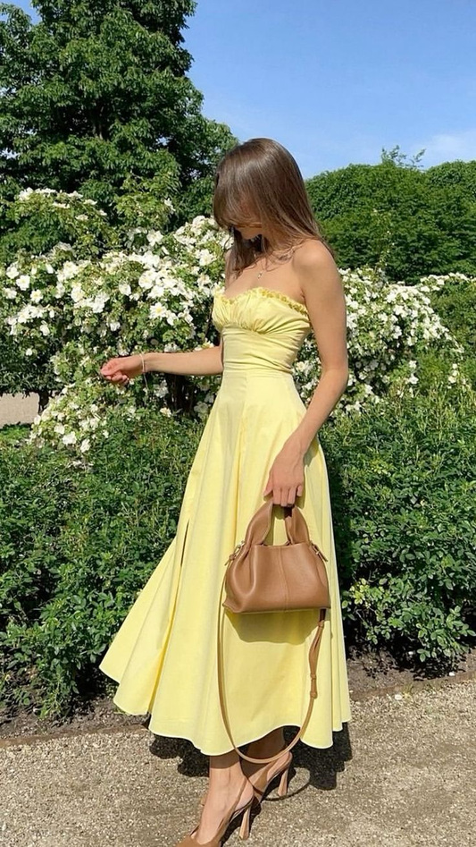 Modest A line Sweetheart Yellow Chiffon Slit Prom Dresses Birthday Outfits cg26100