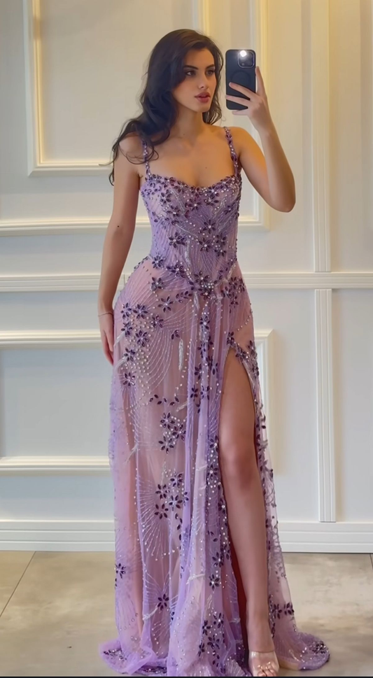 Lilac Long Beaded Prom Party Dress With Split Evening Dress Birthday Outfit cg26095