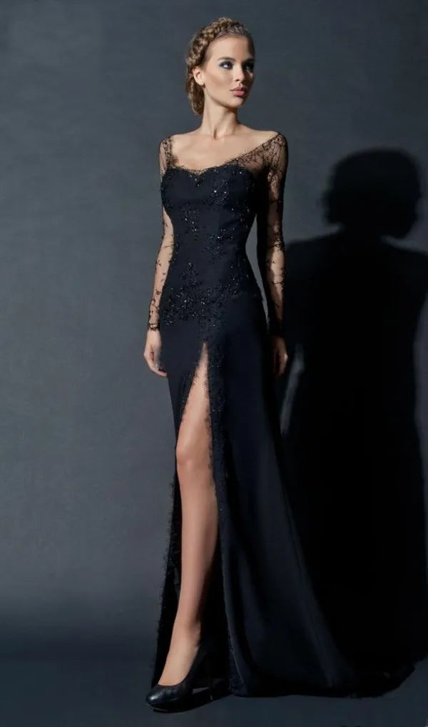 Black Elegnt Sheath Evening Dress, Long Sleeve Evening Dress, Elegant prom Dress cg2704