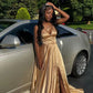 A Line V Neck Gold Sleeveless Satin Long Prom Dress,Formal Gown      cg24925