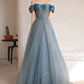 Blue Sweetheart Off Shoulder Tulle Long Prom Dress Blue Formal Dress    cg24989