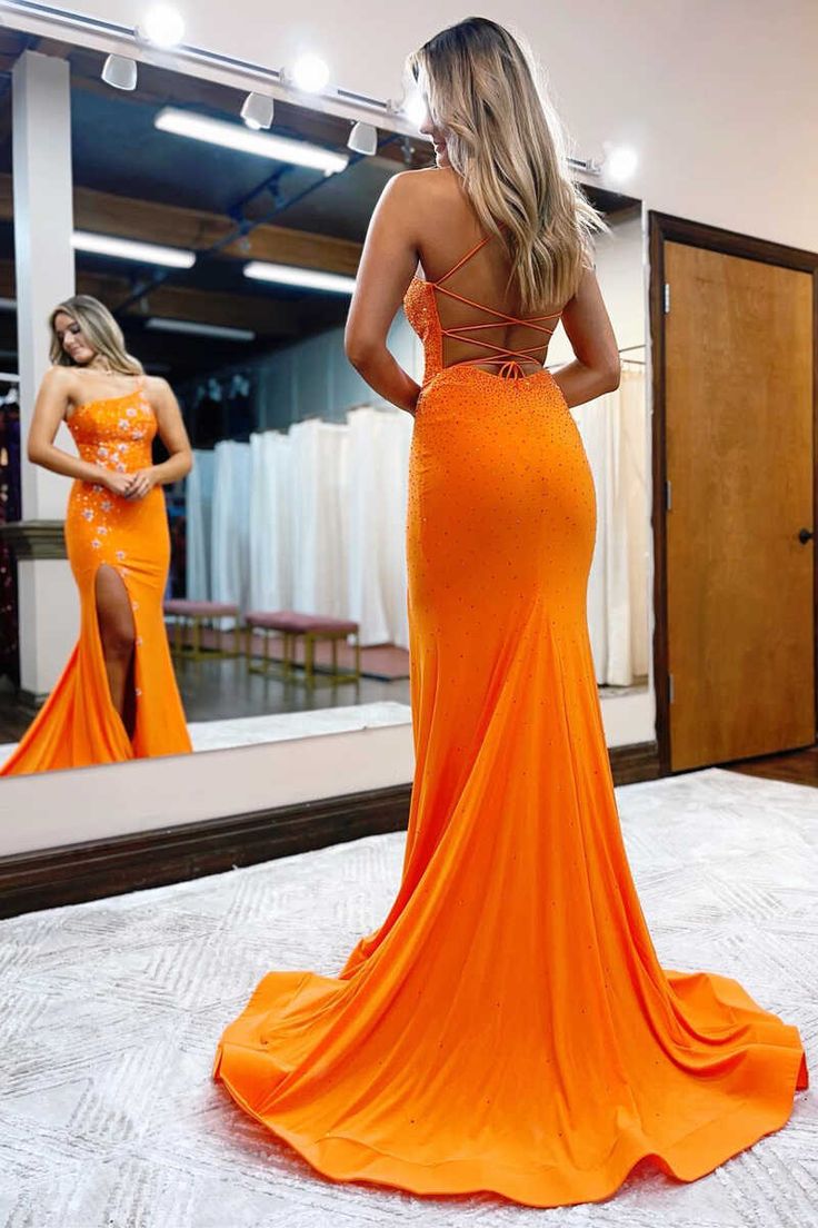 One-Shoulder Orange Beaded Stars Long Prom Dress with Slit cg24924