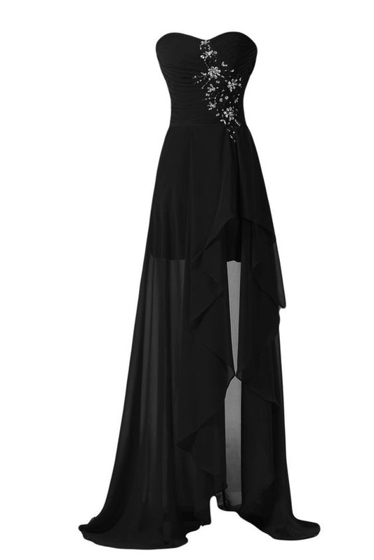 Simple Black High Low Slit Chiffon Elegant Evening Dress, Black Formal Dress, Wedding Party Dresses     cg24843