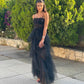 New Arrival A-Line Tiered Tulle Black Prom Dress, Spaghetti Straps Long Evening Dress   cg24881