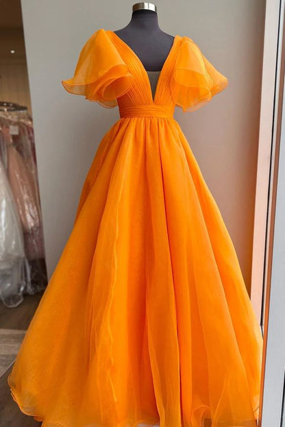 Short Sleeves Orange Long Prom Dresses, Orange Long Formal Evening Dresses   cg24855