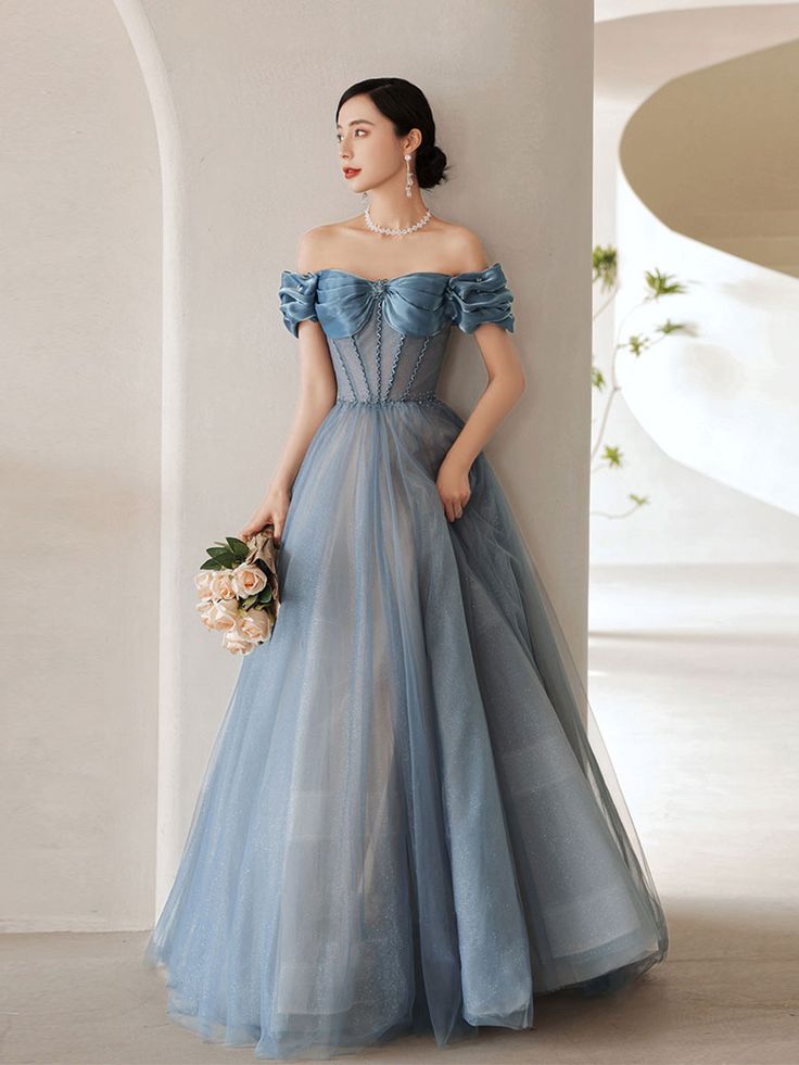 Blue Sweetheart Off Shoulder Tulle Long Prom Dress Blue Formal Dress    cg24989