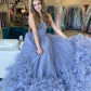 Blue Strapless Tulle Long Formal Dresses, Blue A-Line Evening Dresses   cg24986